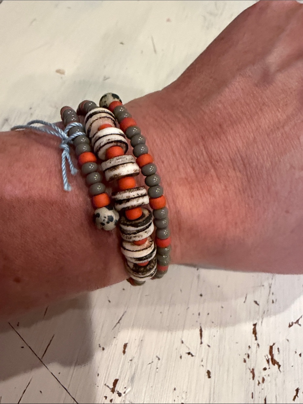 Beaded Wrap Bracelet in Orange, Gray & White